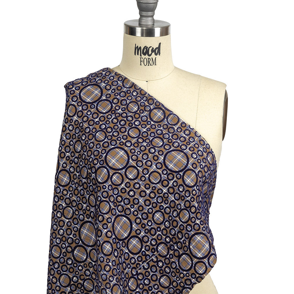Tan, White and Navy Flocked Circles on Plaid Rustic Cotton and Polyester Woven Detail