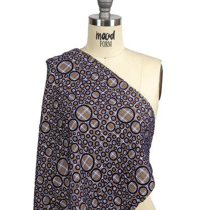 Tan, White and Navy Flocked Circles on Plaid Rustic Cotton and Polyester Woven Detail