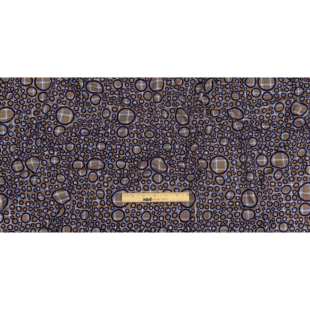 Tan, White and Navy Flocked Circles on Plaid Rustic Cotton and Polyester Woven Drape