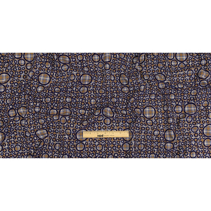 Tan, White and Navy Flocked Circles on Plaid Rustic Cotton and Polyester Woven Drape