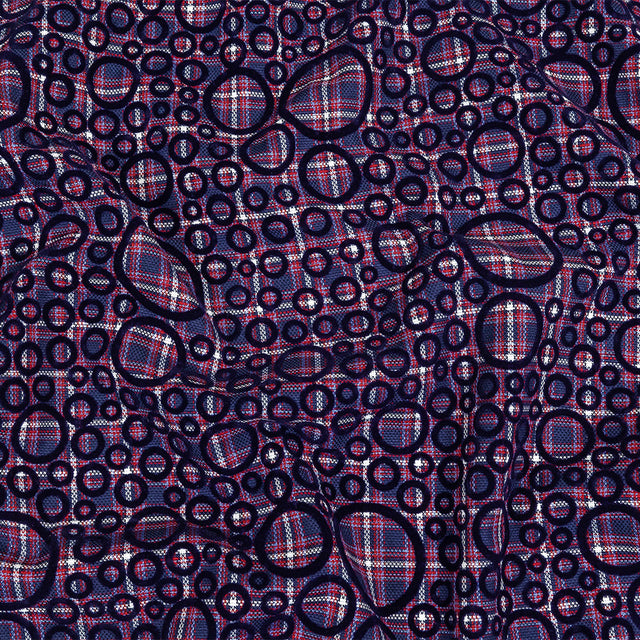 Estate Blue, Red and Navy Flocked Circles on Plaid Rustic Cotton and Polyester Woven
