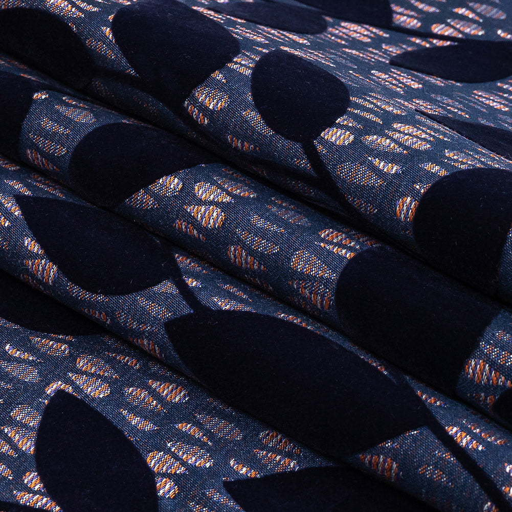 Navy Flocked Leafy Vines on Lilac, Orange and Blue Striped Teardrops Cotton and Polyester Jacquard Folded