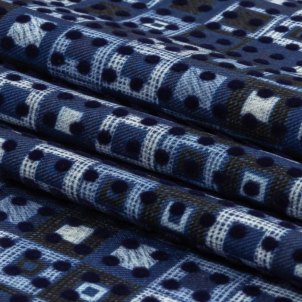 Navy Flocked Polka Dots on White, Twilight Blue and Maritime Blue Squares Stretch Cotton Twill Folded