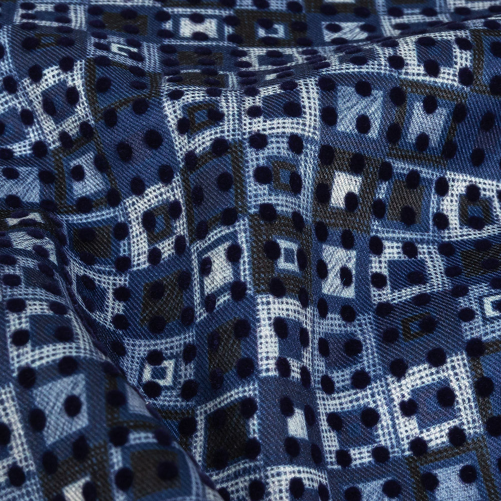 Navy Flocked Polka Dots on White, Twilight Blue and Maritime Blue Squares Stretch Cotton Twill Detail