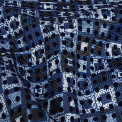 Navy Flocked Polka Dots on White, Twilight Blue and Maritime Blue Squares Stretch Cotton Twill Detail