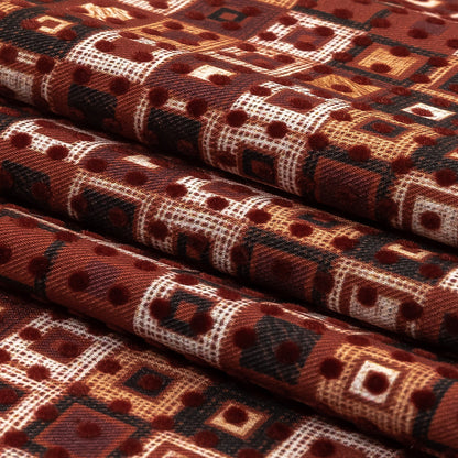 Burgundy Flocked Polka Dots on Russet Brown, Yellow and Black Bean Squares Stretch Cotton Twill Folded