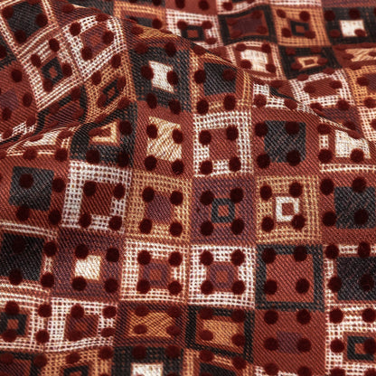 Burgundy Flocked Polka Dots on Russet Brown, Yellow and Black Bean Squares Stretch Cotton Twill Detail