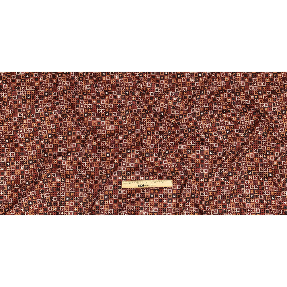 Burgundy Flocked Polka Dots on Russet Brown, Yellow and Black Bean Squares Stretch Cotton Twill Full