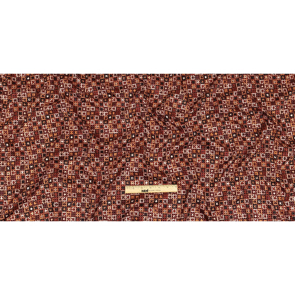 Burgundy Flocked Polka Dots on Russet Brown, Yellow and Black Bean Squares Stretch Cotton Twill Full