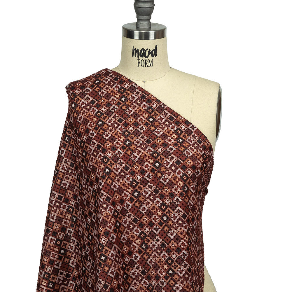 Burgundy Flocked Polka Dots on Russet Brown, Yellow and Black Bean Squares Stretch Cotton Twill Drape