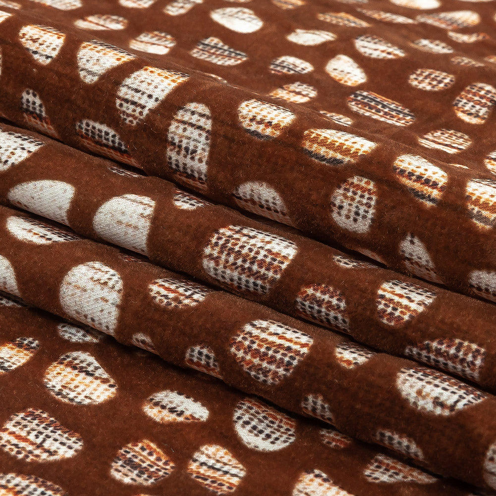 Brown Flocked Bubbles on Brown, Orange and White Distressed Stripes Printed Stretch Cotton Twill Folded