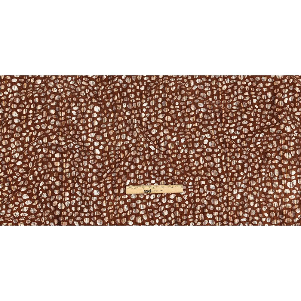 Brown Flocked Bubbles on Brown, Orange and White Distressed Stripes Printed Stretch Cotton Twill Full