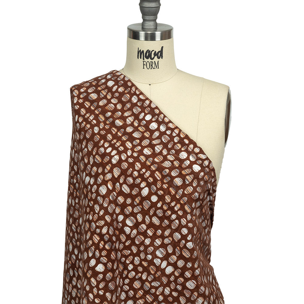 Brown Flocked Bubbles on Brown, Orange and White Distressed Stripes Printed Stretch Cotton Twill Drape