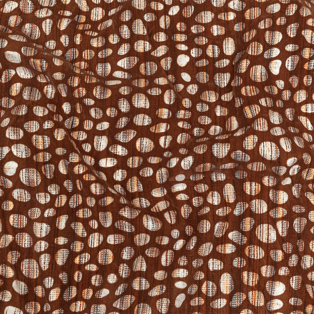 Brown Flocked Bubbles on Brown, Orange and White Distressed Stripes Printed Stretch Cotton Twill