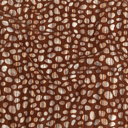 Brown Flocked Bubbles on Brown, Orange and White Distressed Stripes Printed Stretch Cotton Twill