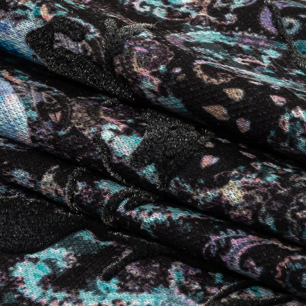 Blue Graphite Flocked Flower Vines on Gray, Blue and Pink Jacobean Cotton and Polyester Knit Pique Folded