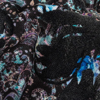 Blue Graphite Flocked Flower Vines on Gray, Blue and Pink Jacobean Cotton and Polyester Knit Pique Detail