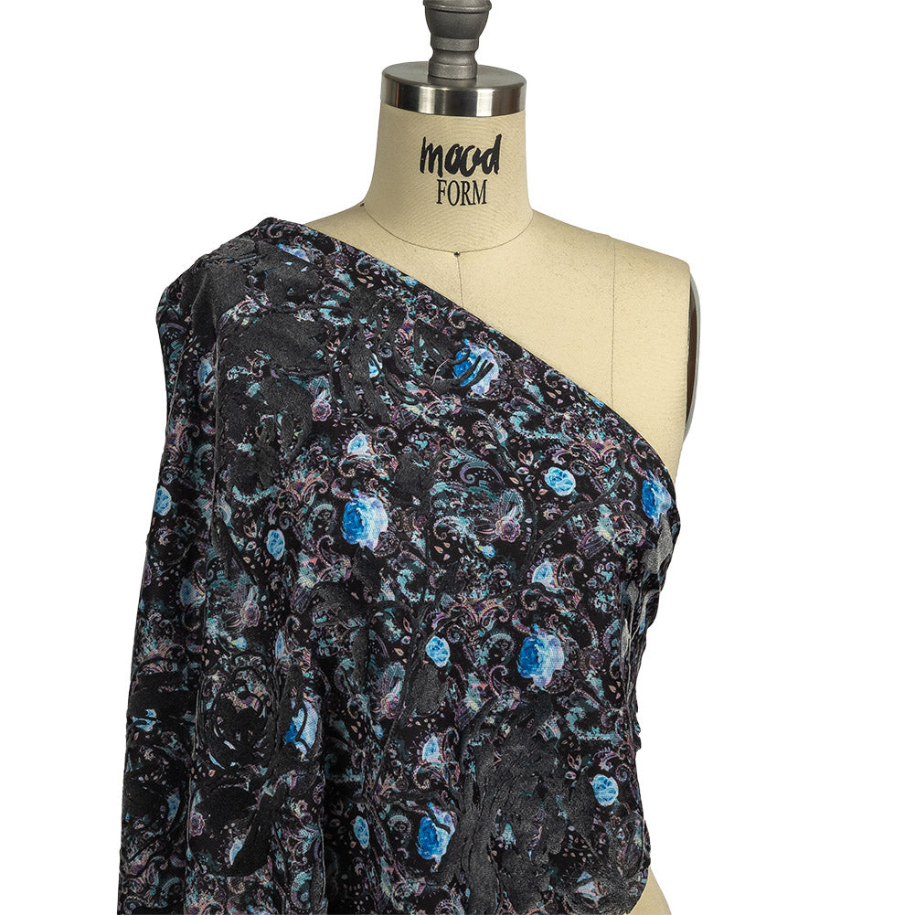 Blue Graphite Flocked Flower Vines on Gray, Blue and Pink Jacobean Cotton and Polyester Knit Pique Drape
