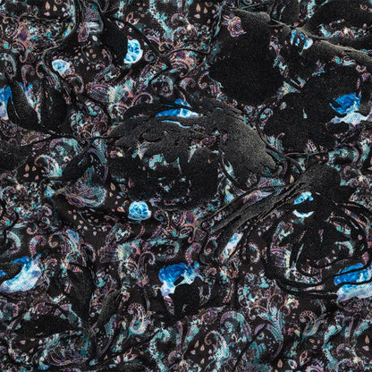 Blue Graphite Flocked Flower Vines on Gray, Blue and Pink Jacobean Cotton and Polyester Knit Pique