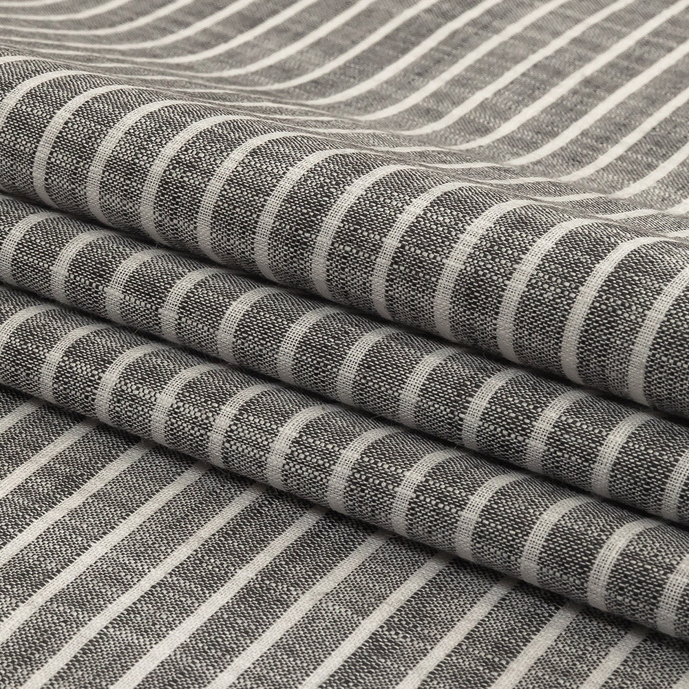 Black and White Striped Slubbed Cotton and Polyester Woven Folded