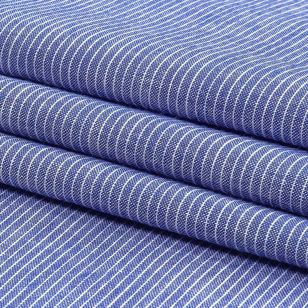 Cobalt and White Pinstriped Cotton and Polyester Shirting Folded