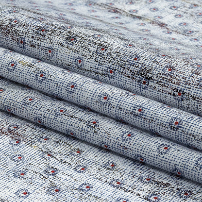 Red and Blue Flowers and Dots Cotton and Polyester Shirting with Distressed Foil Topcoat Folded