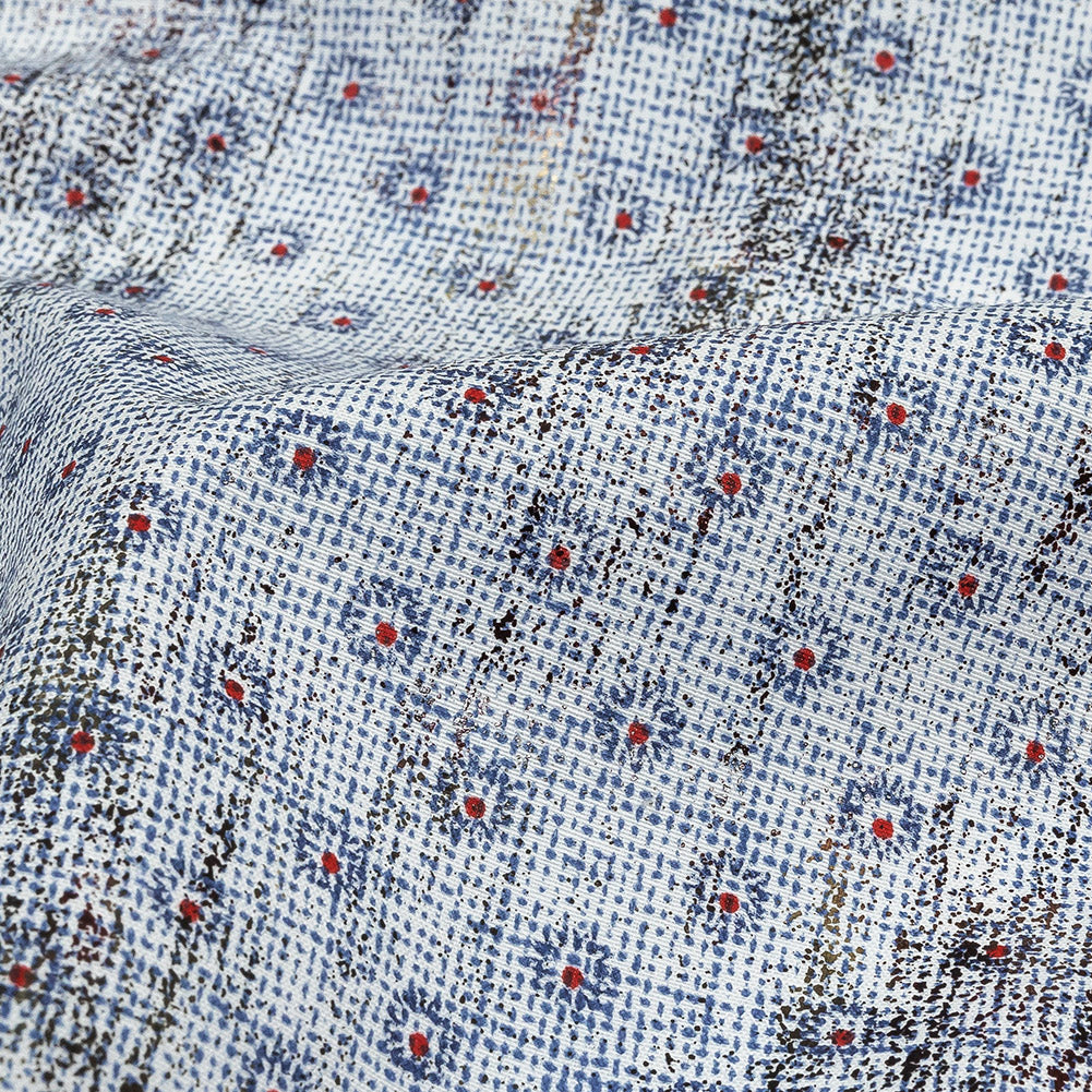 Red and Blue Flowers and Dots Cotton and Polyester Shirting with Distressed Foil Topcoat Detail