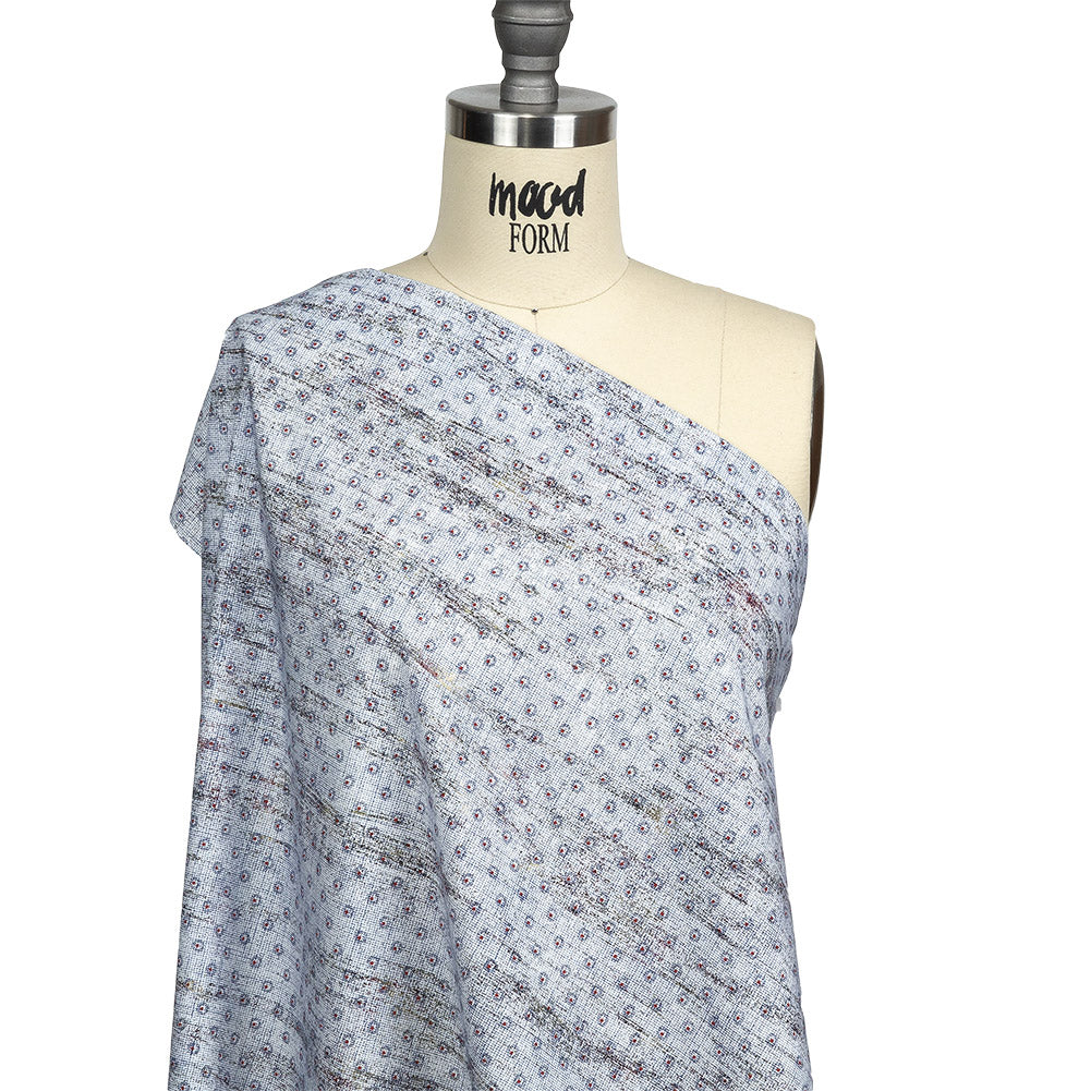 Red and Blue Flowers and Dots Cotton and Polyester Shirting with Distressed Foil Topcoat Drape