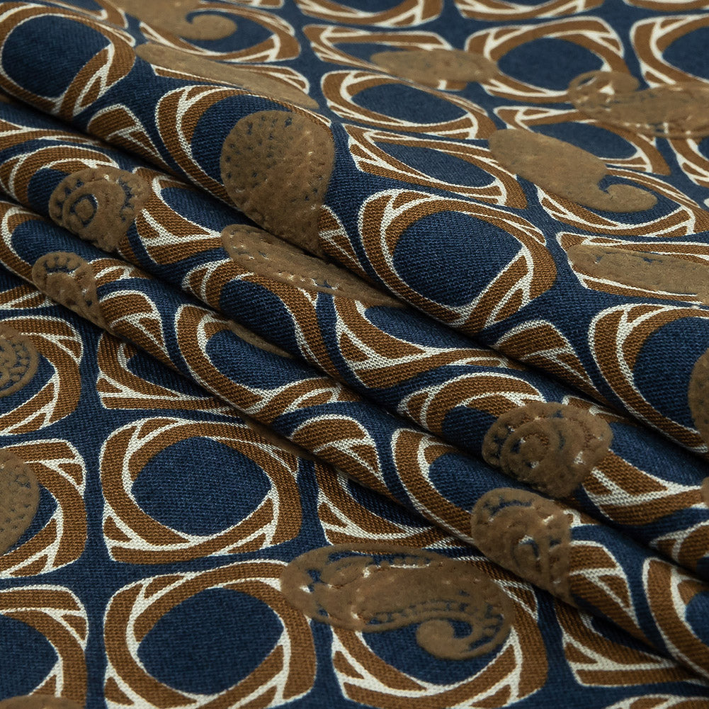 Beige and Navy Flocked Paisley on Twisted Squares Printed Viscose Woven Folded