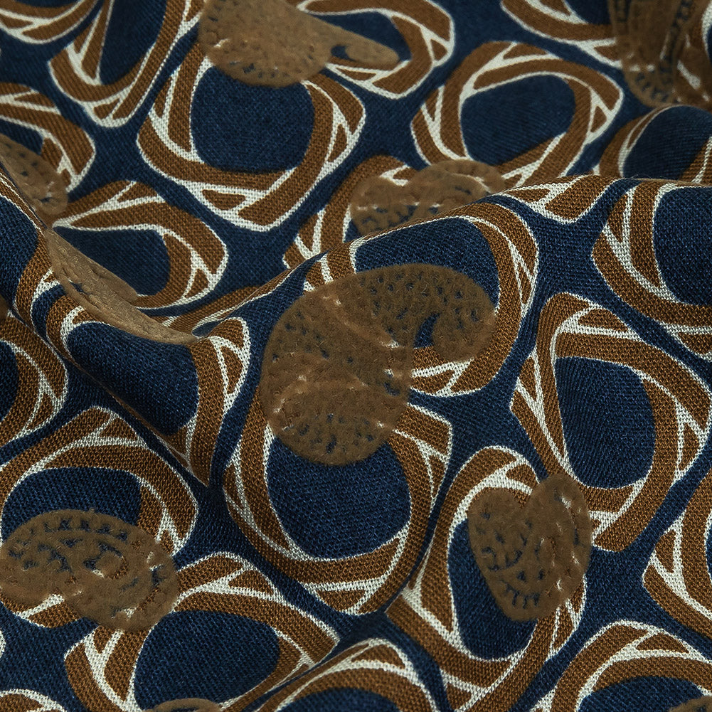 Beige and Navy Flocked Paisley on Twisted Squares Printed Viscose Woven Detail