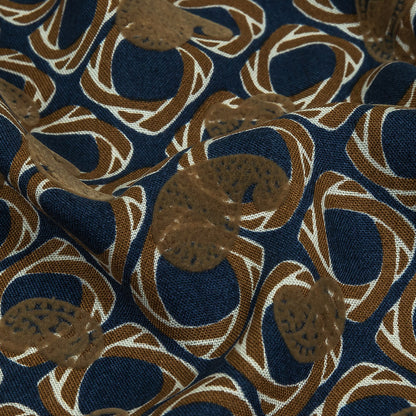 Beige and Navy Flocked Paisley on Twisted Squares Printed Viscose Woven Detail