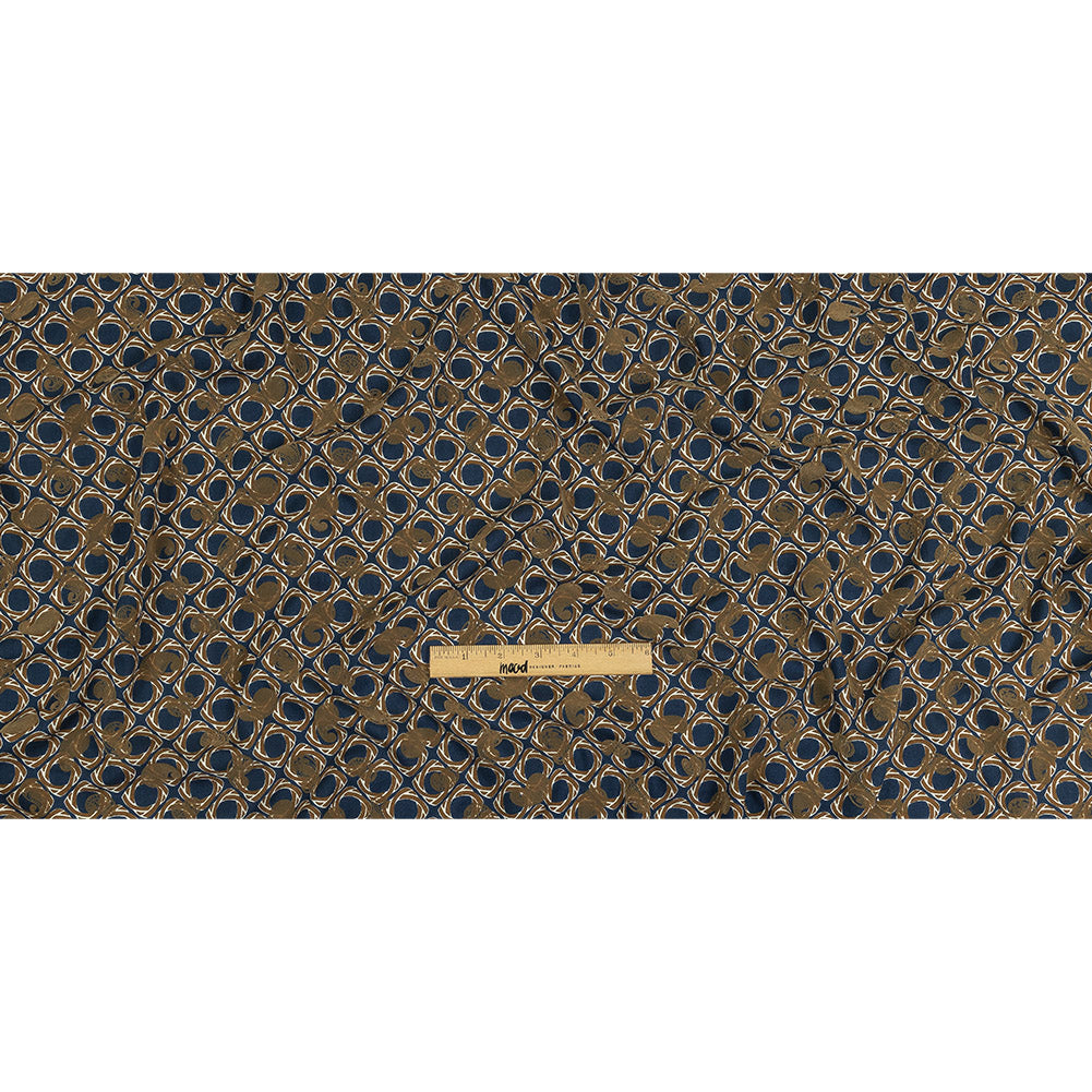 Beige and Navy Flocked Paisley on Twisted Squares Printed Viscose Woven Full