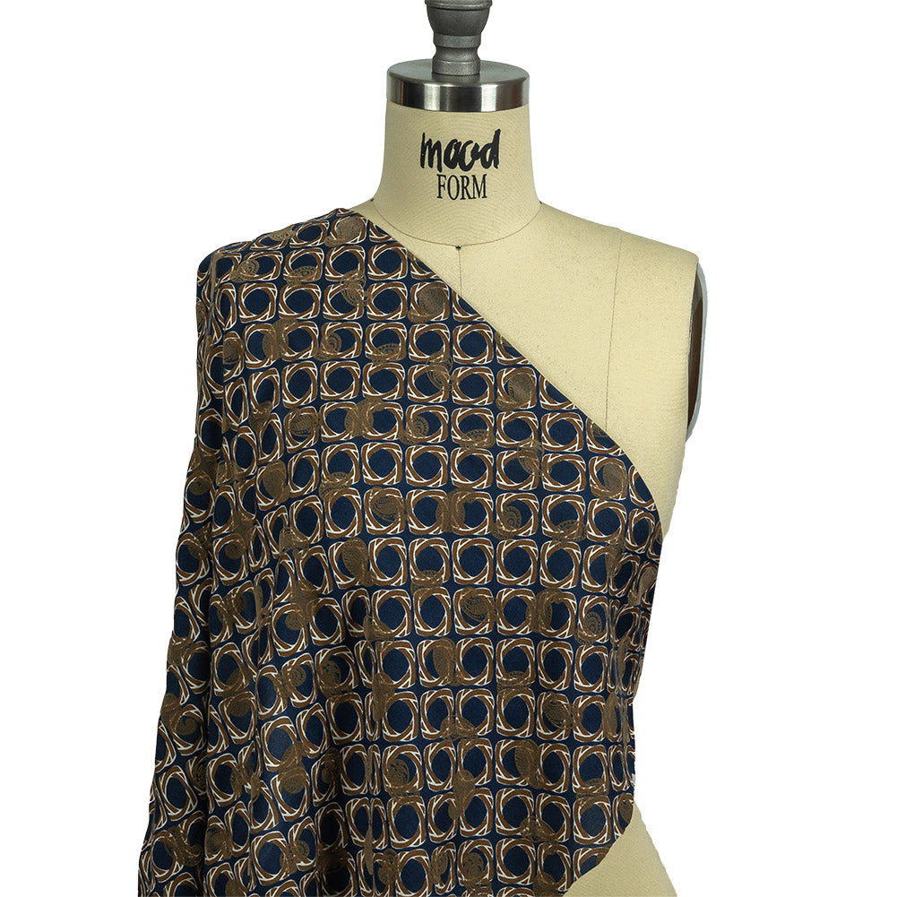 Beige and Navy Flocked Paisley on Twisted Squares Printed Viscose Woven Drape