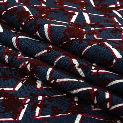 Burgundy, White and Navy Flocked Florals on Tossed Squares Printed Viscose Woven Folded