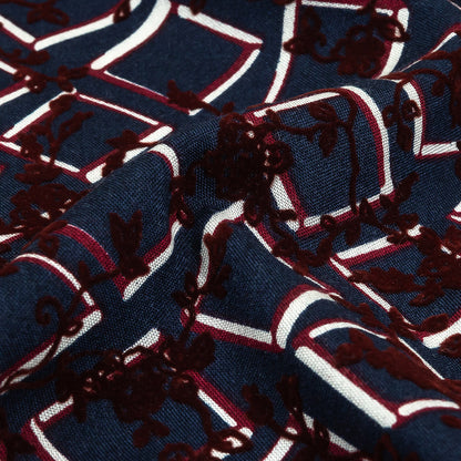 Burgundy, White and Navy Flocked Florals on Tossed Squares Printed Viscose Woven Detail
