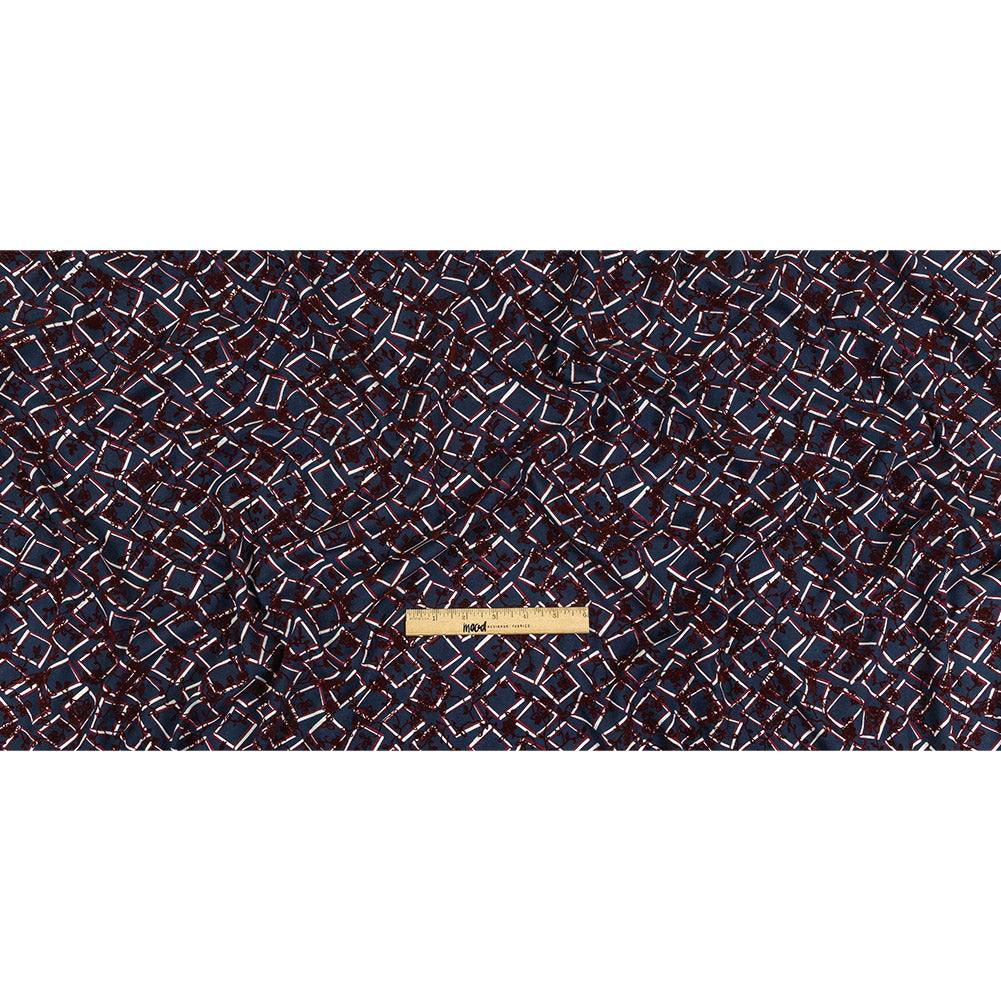 Burgundy, White and Navy Flocked Florals on Tossed Squares Printed Viscose Woven Full