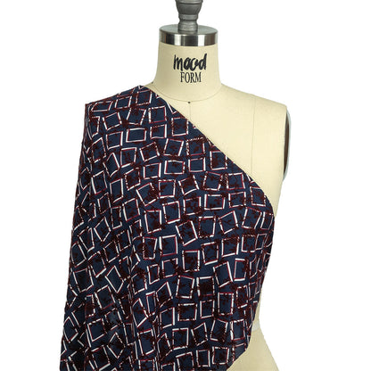 Burgundy, White and Navy Flocked Florals on Tossed Squares Printed Viscose Woven Drape