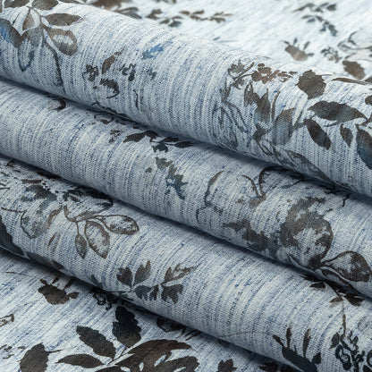 Soft Blue and Gunmetal Foiled Flowers Striated Stretch Cotton Woven Folded