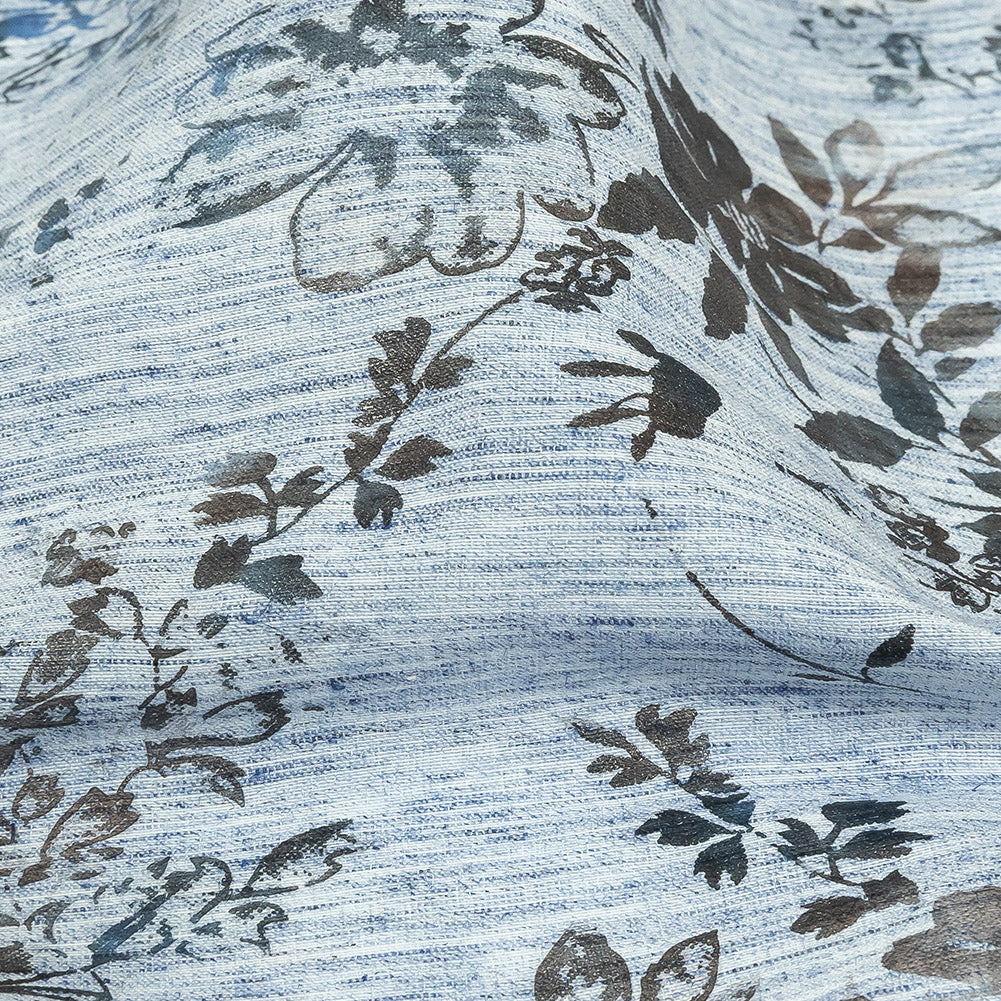 Soft Blue and Gunmetal Foiled Flowers Striated Stretch Cotton Woven Detail