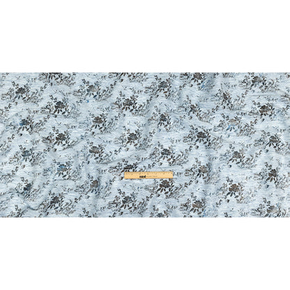 Soft Blue and Gunmetal Foiled Flowers Striated Stretch Cotton Woven Full