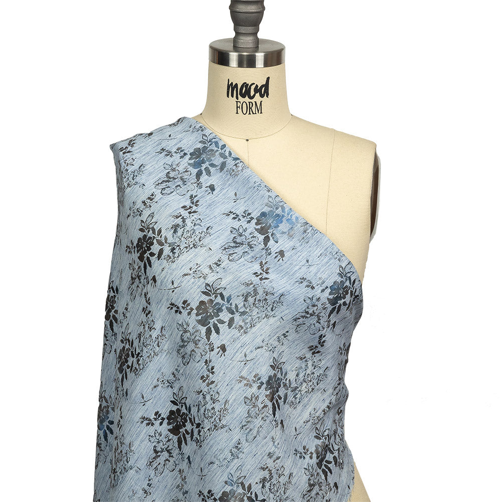 Soft Blue and Gunmetal Foiled Flowers Striated Stretch Cotton Woven Drape