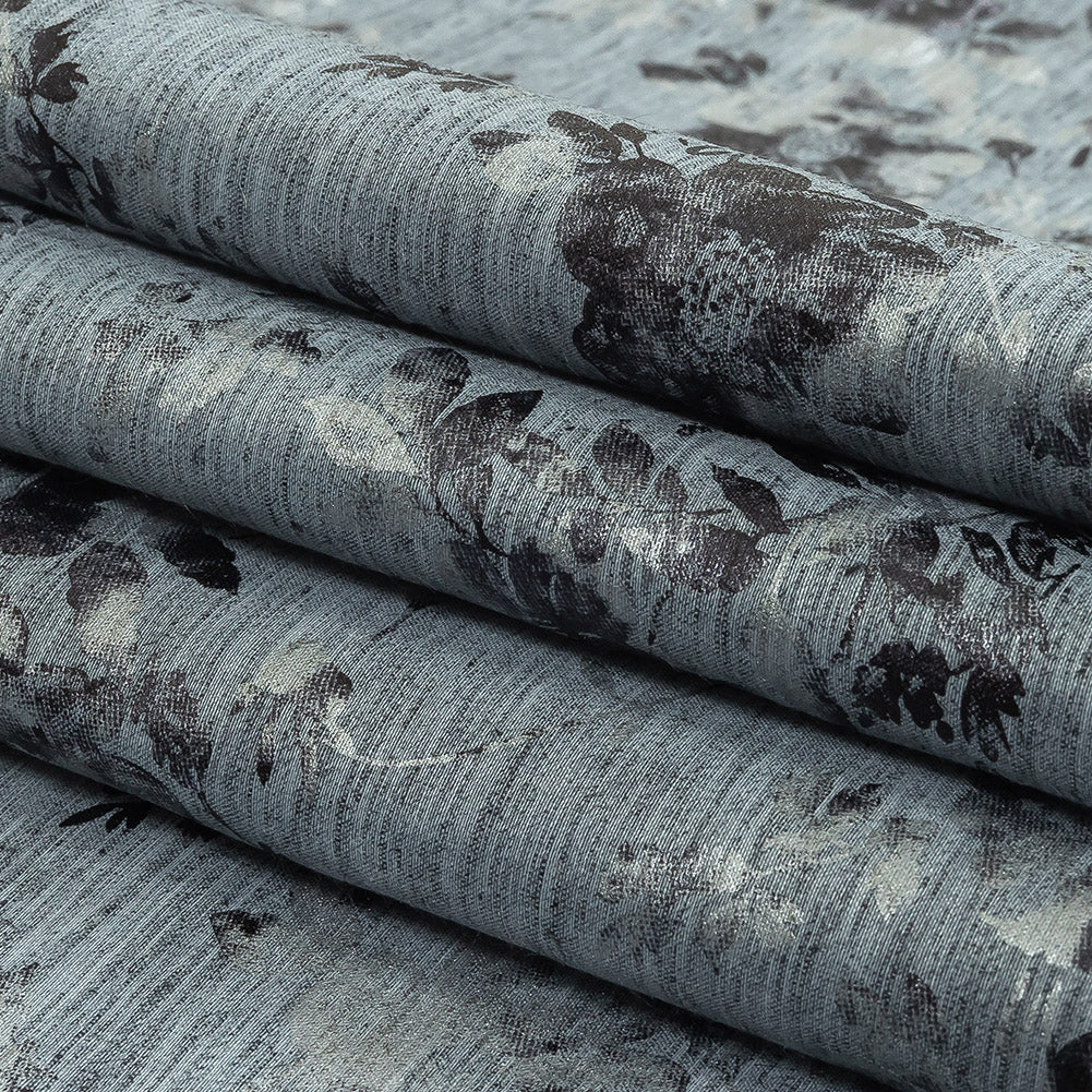 Steel Blue, Silver and Gunmetal Foiled Flowers Striated Stretch Cotton Woven Folded