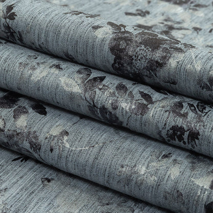 Steel Blue, Silver and Gunmetal Foiled Flowers Striated Stretch Cotton Woven Folded