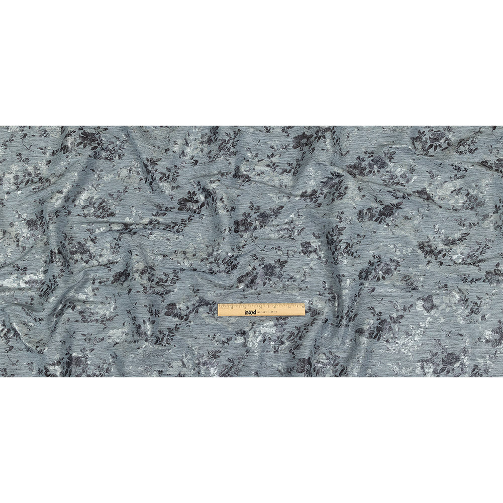 Steel Blue, Silver and Gunmetal Foiled Flowers Striated Stretch Cotton Woven Full
