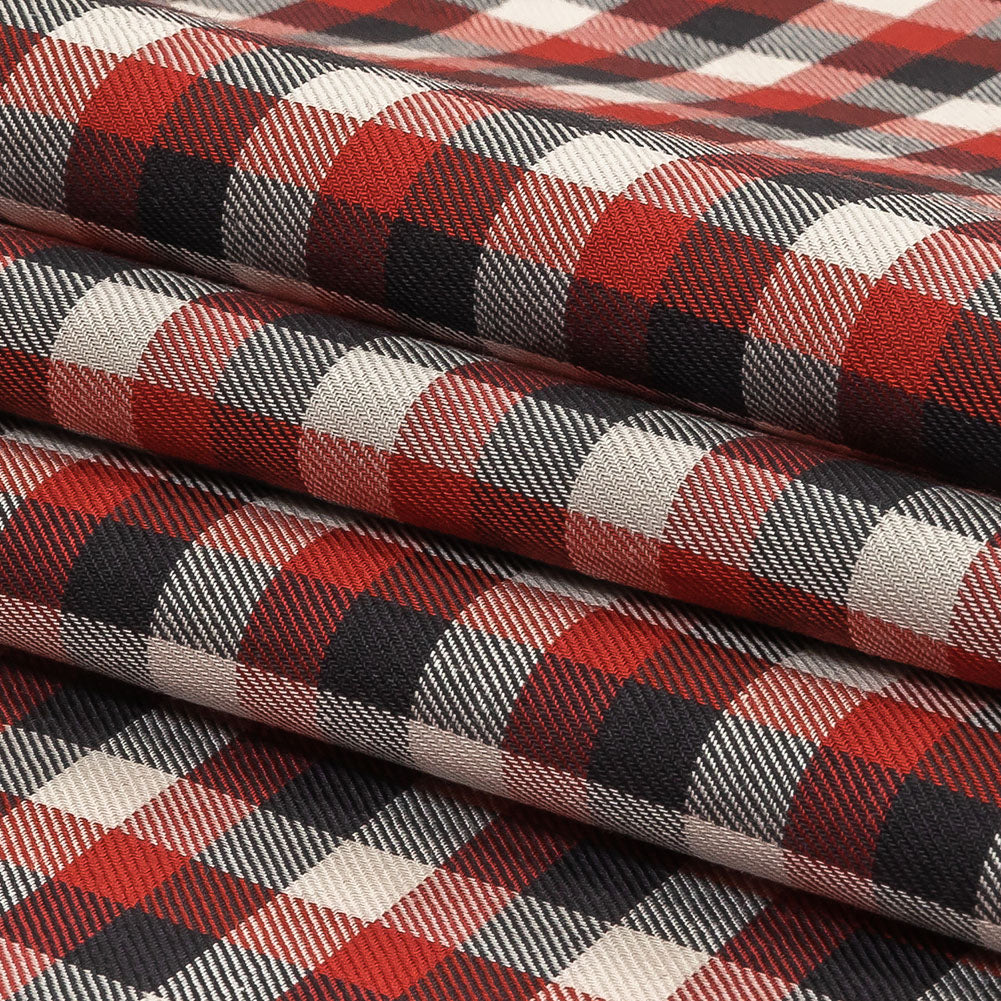 Red, Black and White Checkered Twill Cotton Shirting Folded