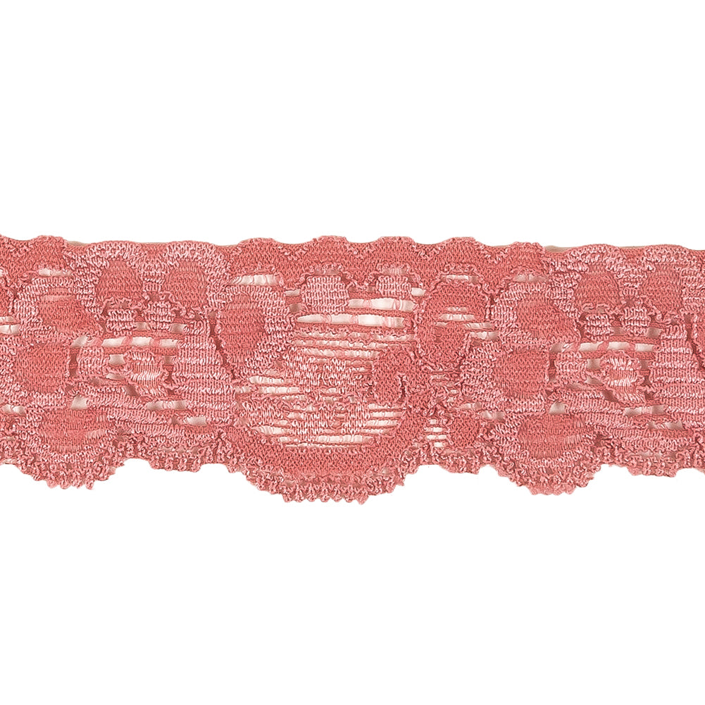 Old Rose Floral Stretch Lace Trim - 1.25" Detail