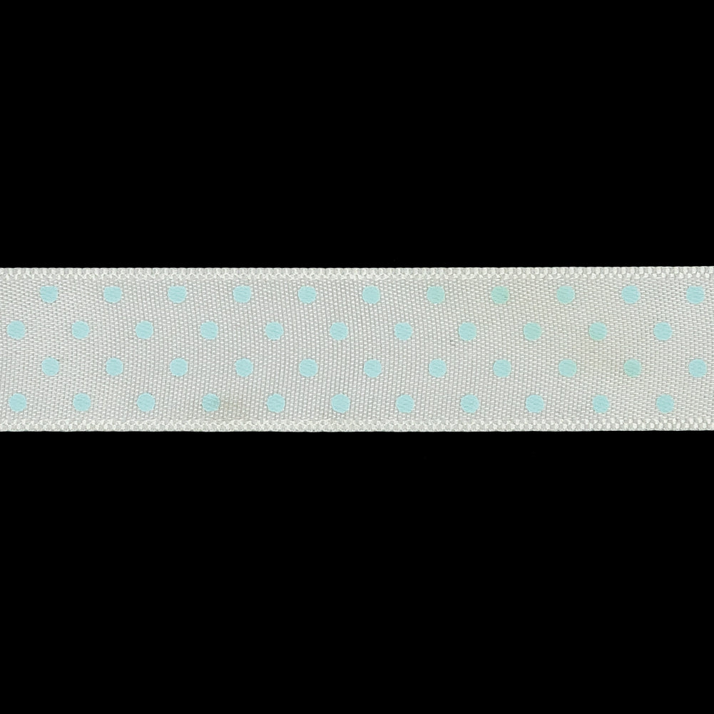White and Baby Blue Polka Dot Satin Ribbon - 0.625" Detail