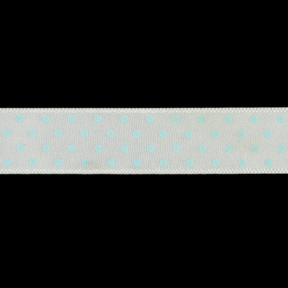 White and Baby Blue Polka Dot Satin Ribbon - 0.625" Detail