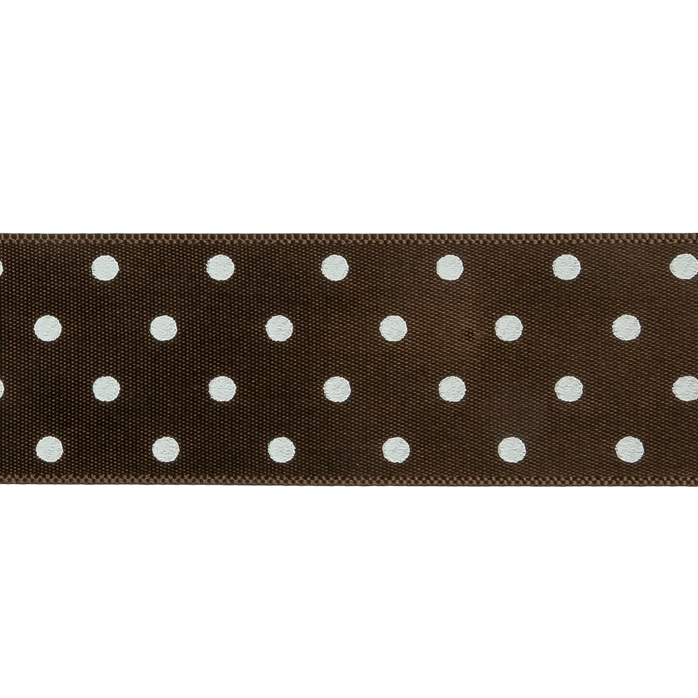 Brown and White Polka Dot Satin Ribbon - 1" Detail