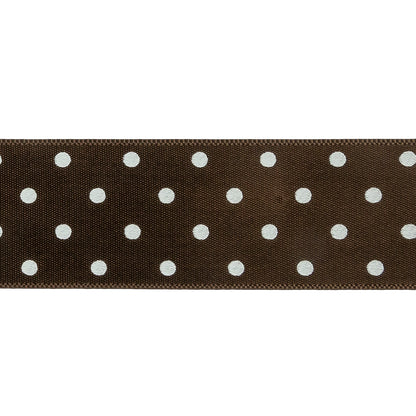Brown and White Polka Dot Satin Ribbon - 1" Detail
